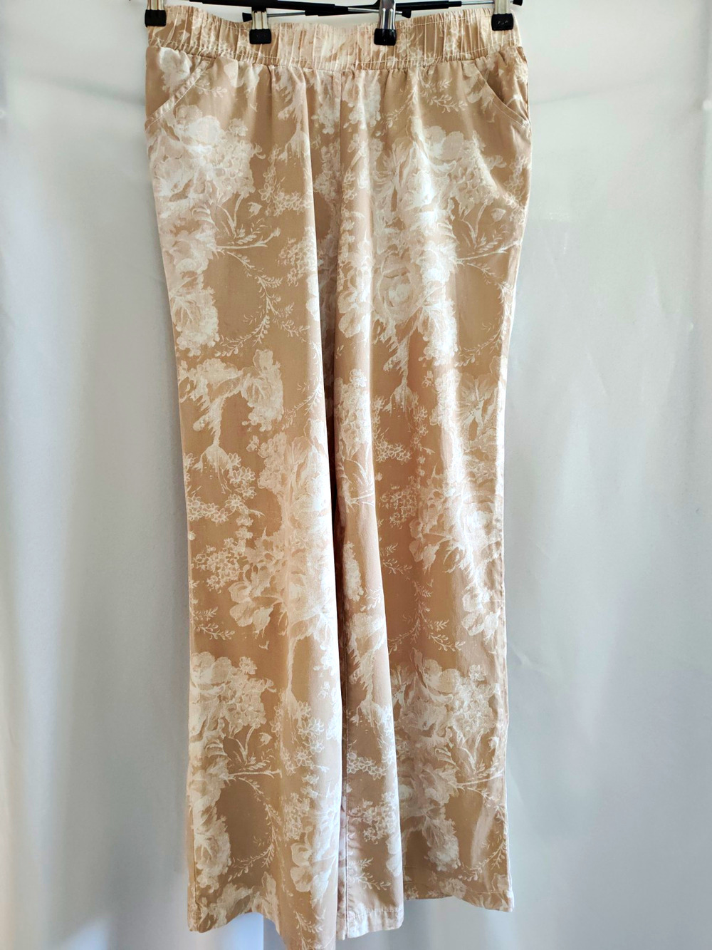 D2 Women’s M Beige Floral Cotton Twill Straight Leg Pants Elastic Waist Pockets6